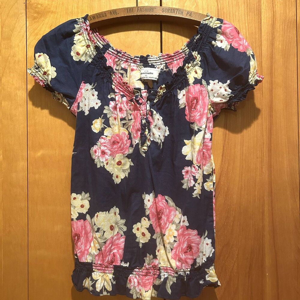 Abercrombie & Fitch Kids XL Blue Floral Blouse-Ruffle Neck/Placket-Cottagecore